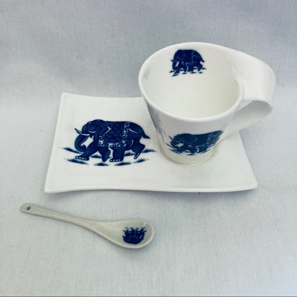 Elephant 3 Piece Set Tea Cup with Wave Plate & Spoon Vintage Adeline